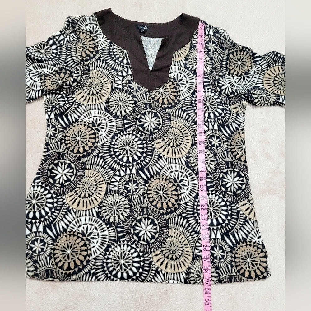 East 5th Women’s XL Tunic Top Brown Beige Black Geometric Print 3/4 Sleeve Linen - Picture 11 of 13